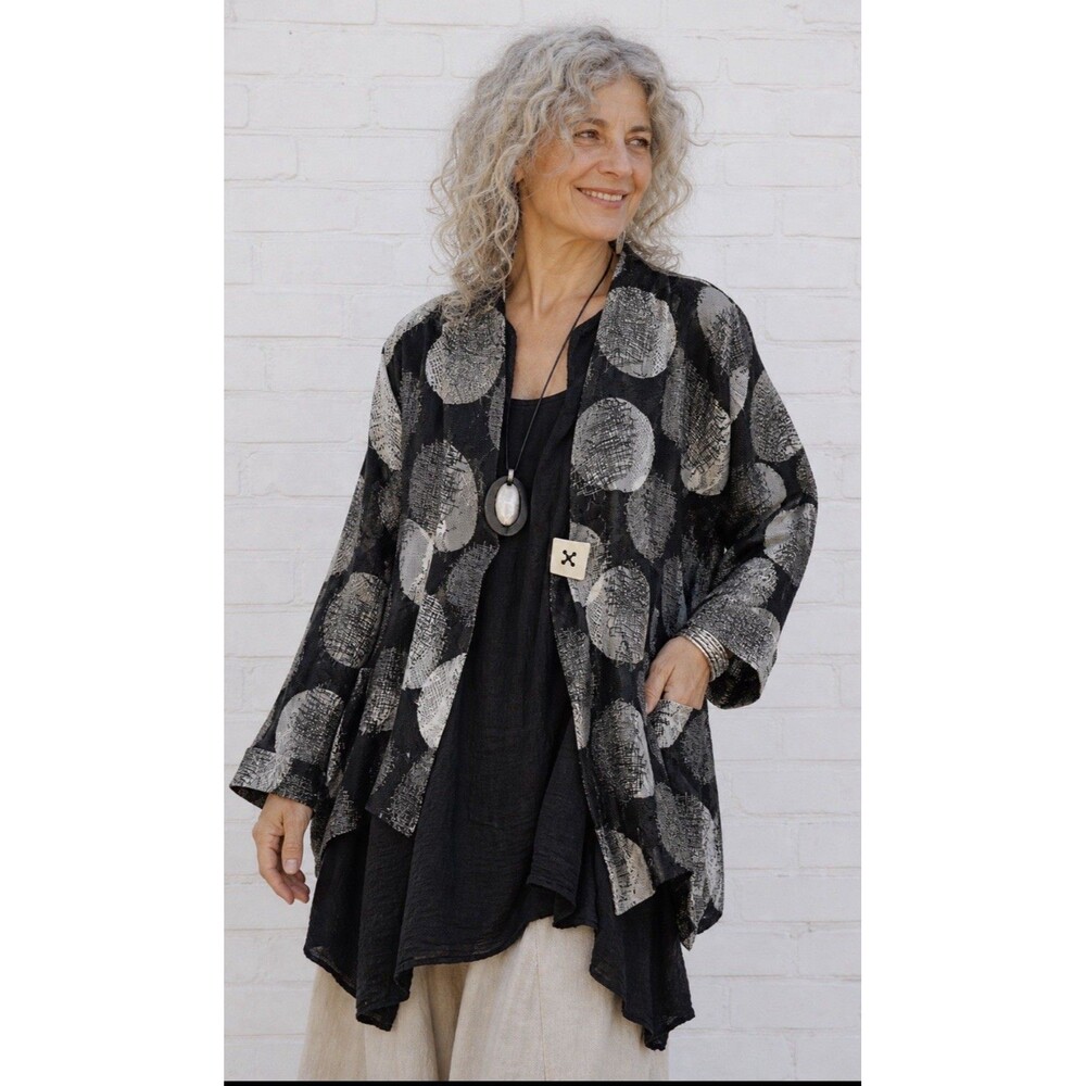 IC Collection By Connie K Jacket Womens 1X Black White Art Asymmetrical Sheer